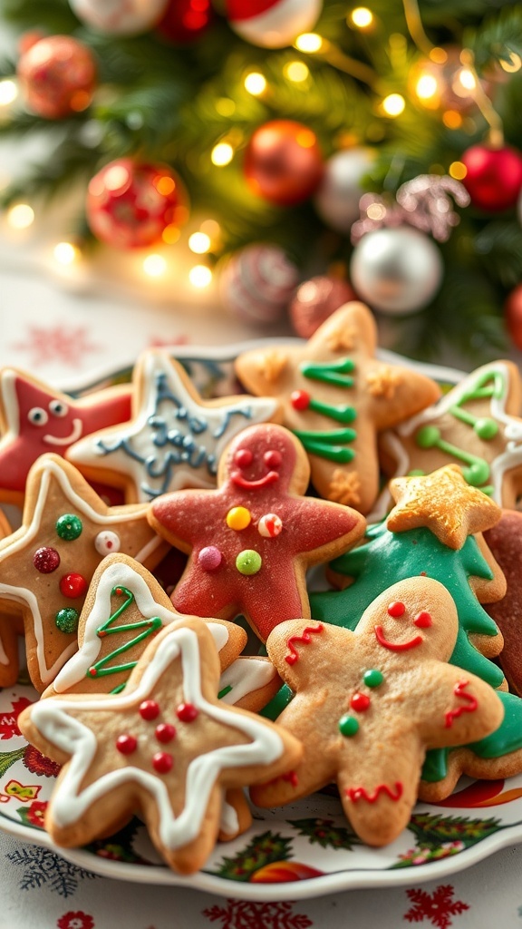An assortment of decorated Christmas cookies in festive shapes on a plate, surrounded by holiday decorations.